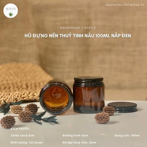 Hũ đựng nến thơm 100ml thuỷ tinh nâu nắp đen - Cốc đựng nến cao cấp