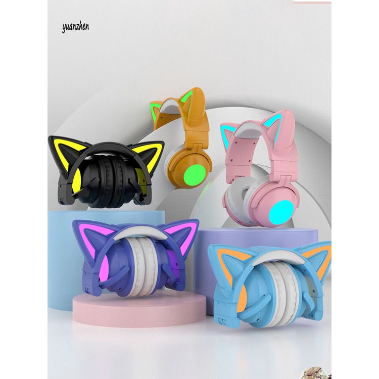 Tai nghe chụp tai bluetooth không dây thiết kế tai mèo đáng yêu siêu nhẹ tiện lợi