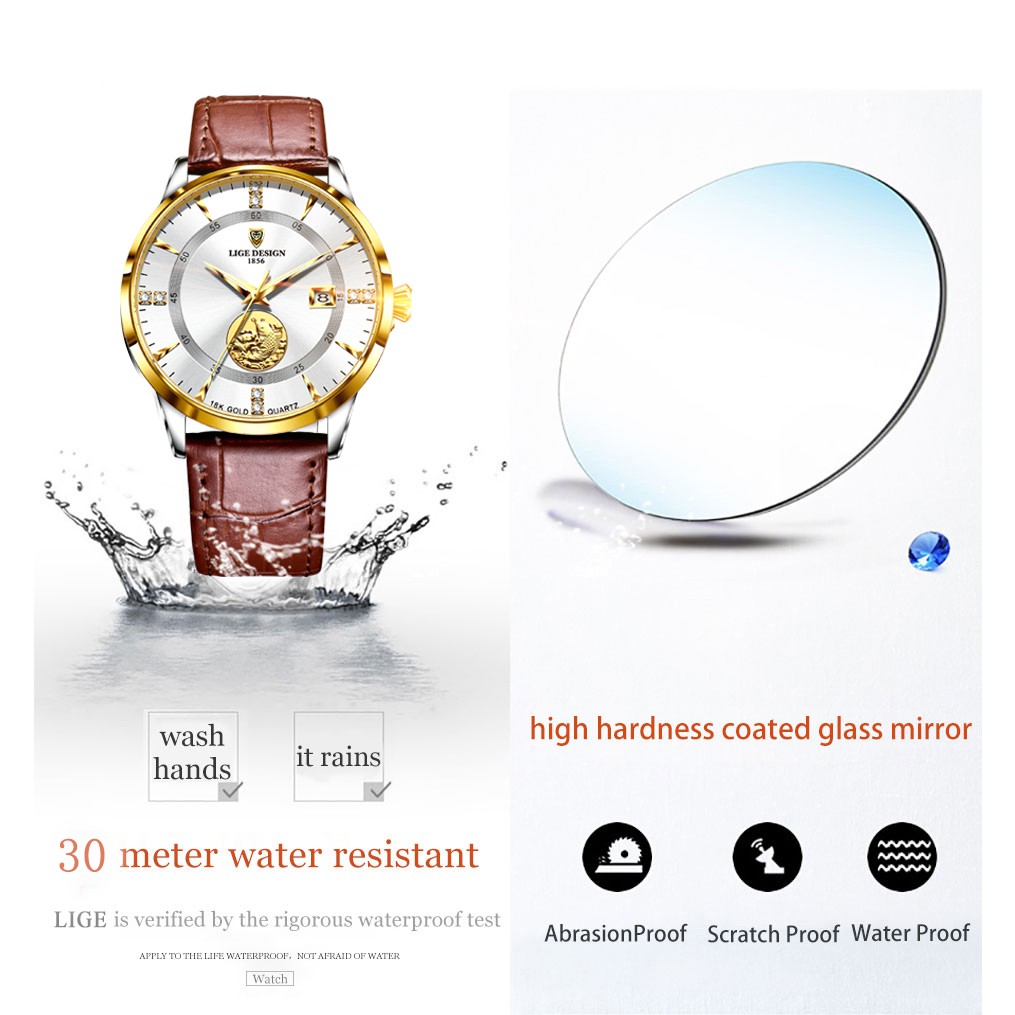 Đồng hồ thạch anh mặt số siêu mỏng 7mm LIGE 2021 có lịch dây da chống nước + Hộp dành cho nam | BigBuy360 - bigbuy360.vn