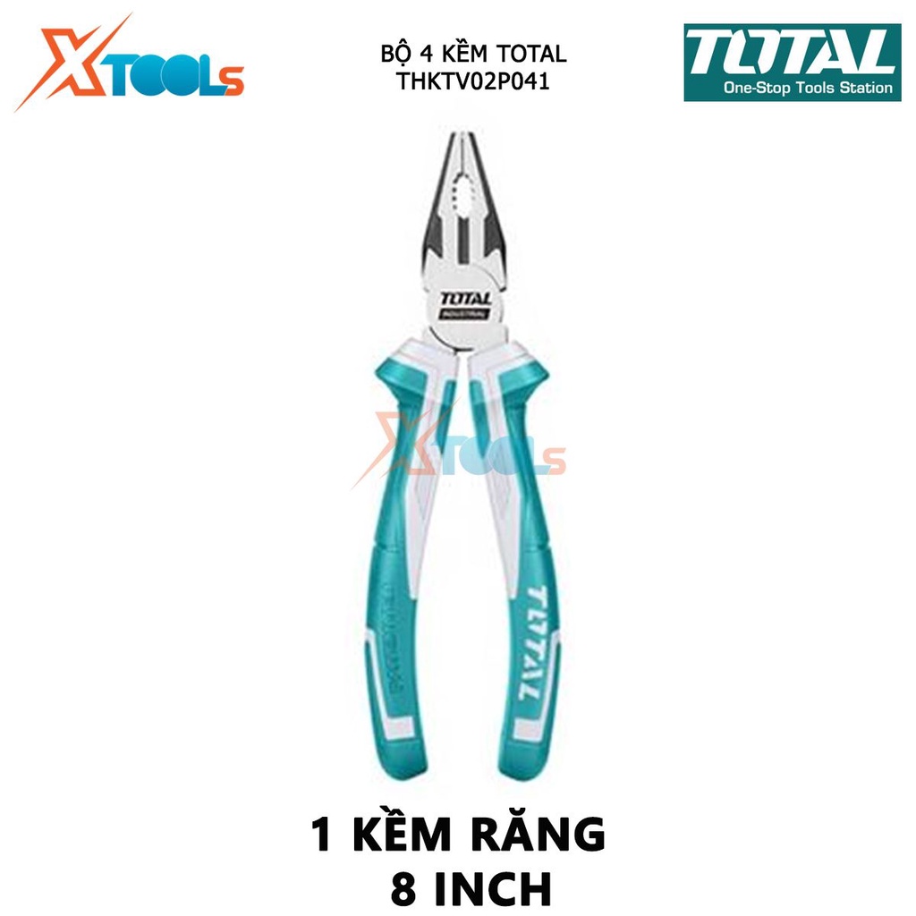 Bộ kềm 4 món TOTAL THKTV02P041 bộ 4 kìm bao gồm 1 kềm răng 8 inch, 1 kềm cắt 7 inch,1 kềm cắt mỏ dài 6 inch, 1 kềm mỏ qu