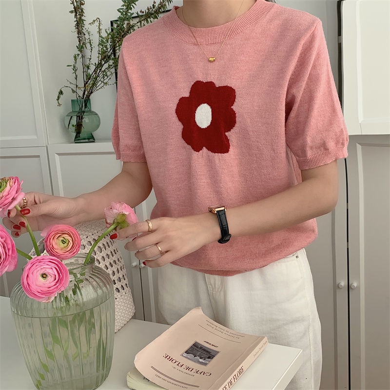 Áo Sweater Dệt Kim Tay Ngắn Cổ Tròn In Hoa Hồng Dễ Thương Kiểu Hàn Quốc
