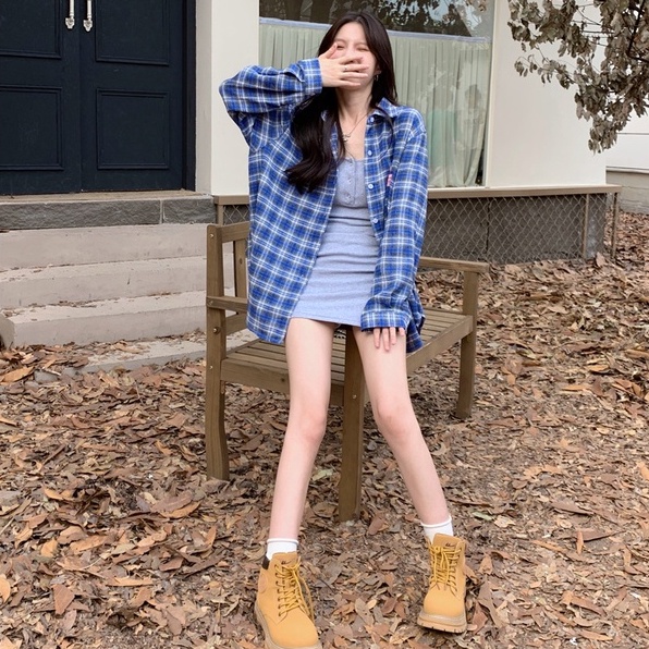 【ZHELIHANGFEI】Áo Sơ Mi Nữ Tay Dài Dáng Rộng Họa Tiết Caro Màu Xanh Dương Dễ Phối Đồ