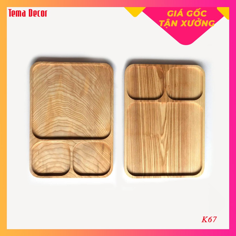 Khay gỗ decor Tema - Khay gỗ đựng đồ ăn gỗ đỏ chữ nhật có chia ngăn siêu xinh K67