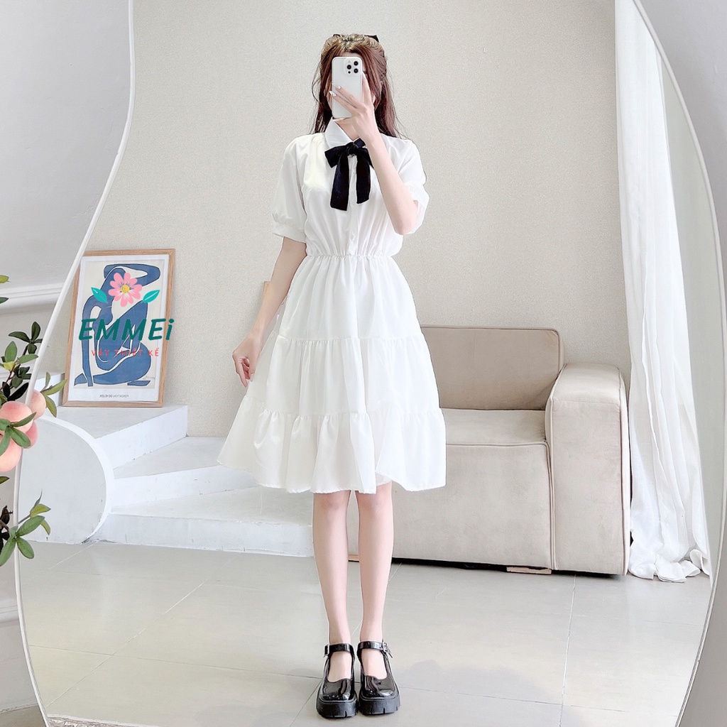 Váy babydoll nữ đen trắng vintage, váy babydoll buộc nơ cổ V18 thời trang nữ emmei | BigBuy360 - bigbuy360.vn