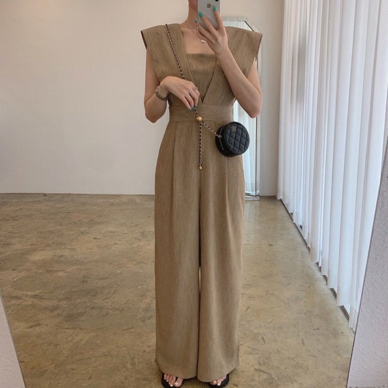 Korean-StylechicSummer Retro Square Collar Waist Slimming Loose All-Matching Long Sleeveless Jumpsuit Wide Leg Pants for Women | BigBuy360 - bigbuy360.vn