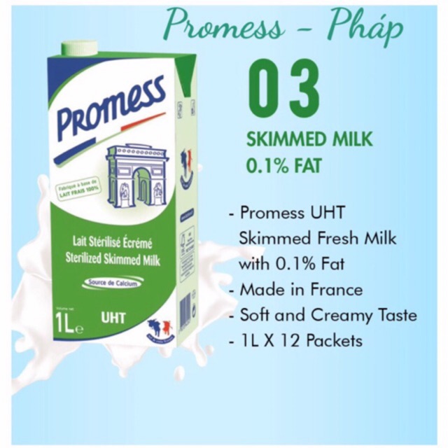 [ Date Mới Nhất ] Thùng 6 Hộp 1L Sữa Tươi Tách Béo - Không Béo Promess Pháp