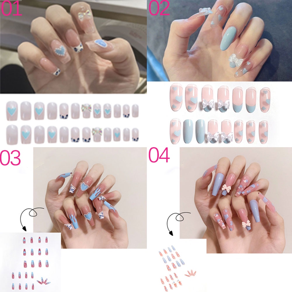 [Hàng mới về] Set 24 móng tay giả trong suốt có đính nơ xinh xắn có keo dán