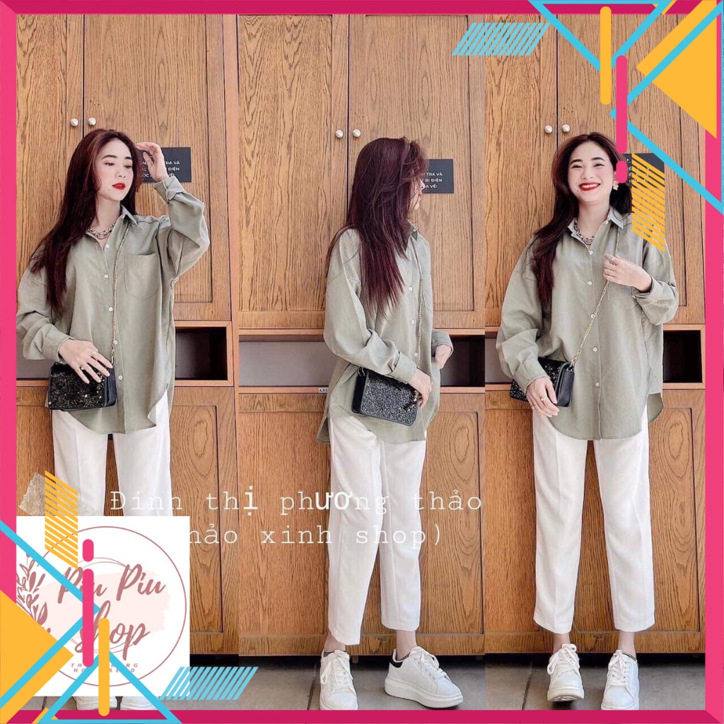 Set Áo Sơ Nữ Chất Đũi Quần Trắng Hàn Quốc Piu Piu Shop