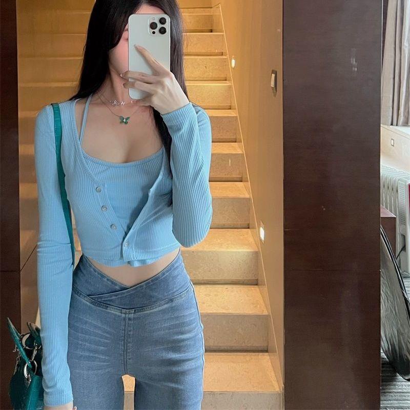 Quần Denim Ống Loe Lưng Cao Co Giãn Không Khóa Kéo Toàn Diện Hợp Thời Trang Cho Nữ