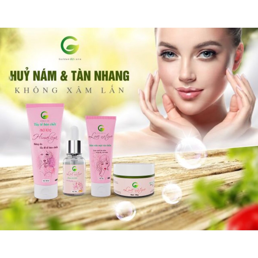 Combo làm mờ nám tàn nhang Love Nature gồm Tẩy tế bào chết, Sữa rửa mặt, Serum tảo biển, Mặt nạ tảo biển