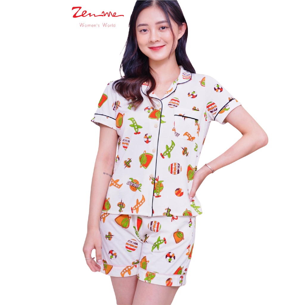 Đồ bộ mặc nhà Zen Me pijama nữ cộc tay quần đùi chất liệu chuẩn cotton họa tiết dễ thương