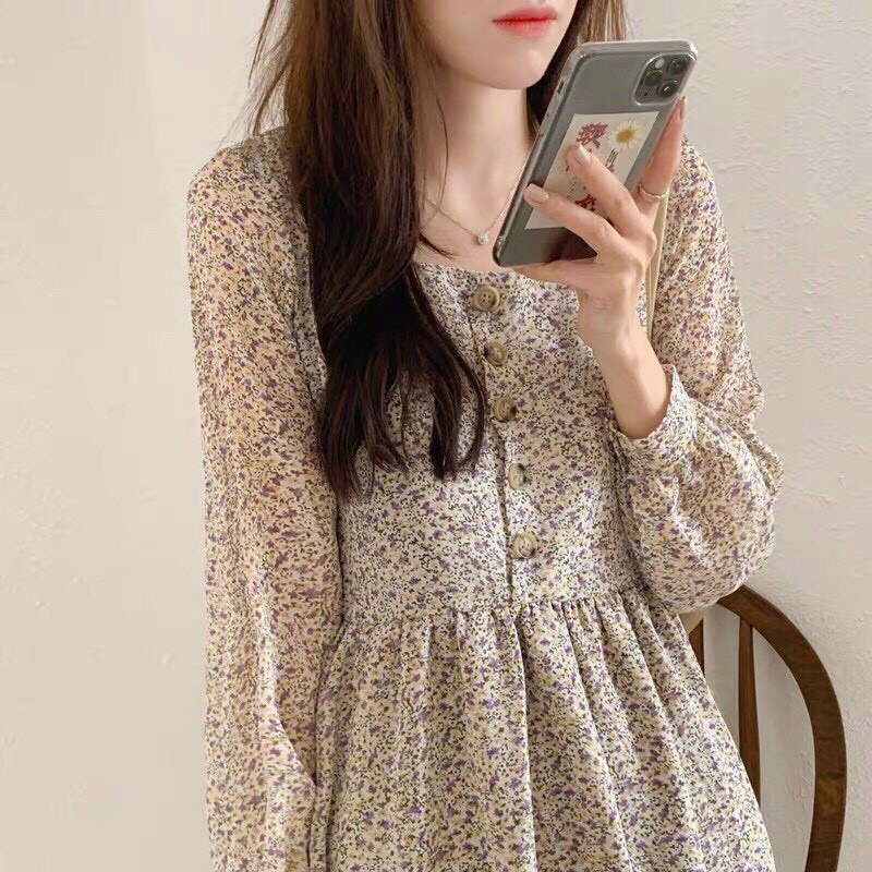 [ Miễn Phí Ship 2022 ] Đầm hoa xíu tay dài dáng rộng phong cách Hàn Quốc