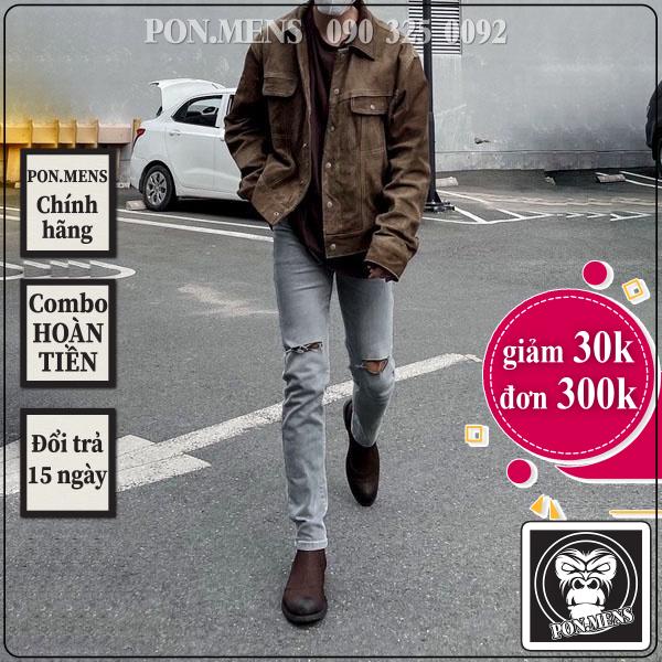 Quần jean nam co giãn màu xám rách gối 2 bên Pon.mens hà nội hcm