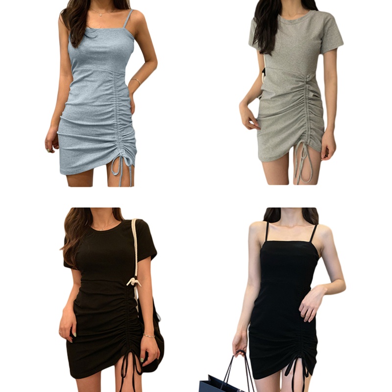 Brroa Đầm Mini Tay Ngắn / Dây Rút Hai Bên Hông Màu Trơn Dáng Ôm Thời Trang Mùa Hè Cho Nữ
