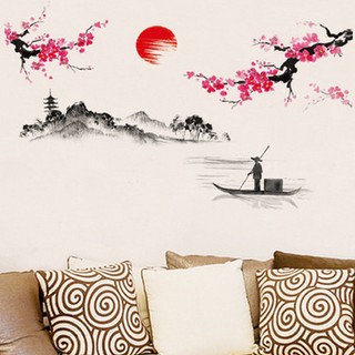 Sticker Trang Trí Decal Dán Tường Phòng Khách Tranh Thủy Mặc DKN015