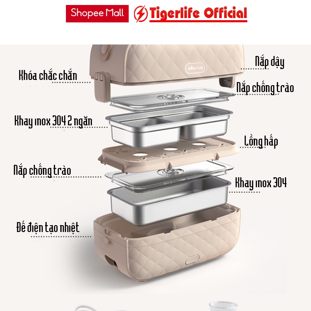 Hôp cơm cắm điện Tigerlife bearDHF-P10C Nấu cơm đồ ăn hâm nóng ninh nấu kèm túi đũa thìa