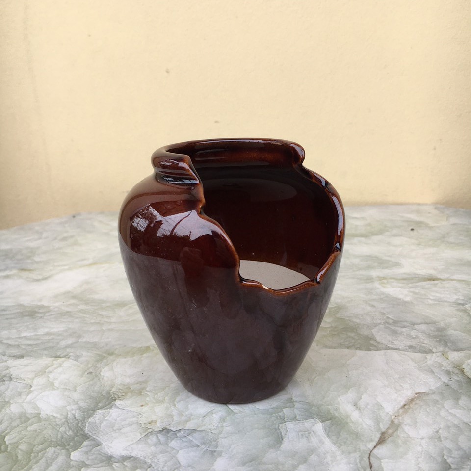 Chậu bonsai Chum khoét nâu cánh gián gốm Bát tràng 1 size BM-164