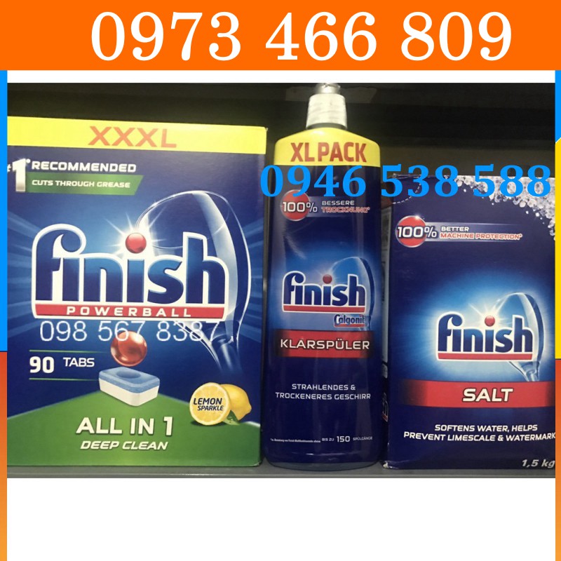 Viên rửa chén finish All in one 90 viên+Nước làm bóng finish 400ml+Muối rửa chén chén finish 1.2kg cho Máy rửa chén