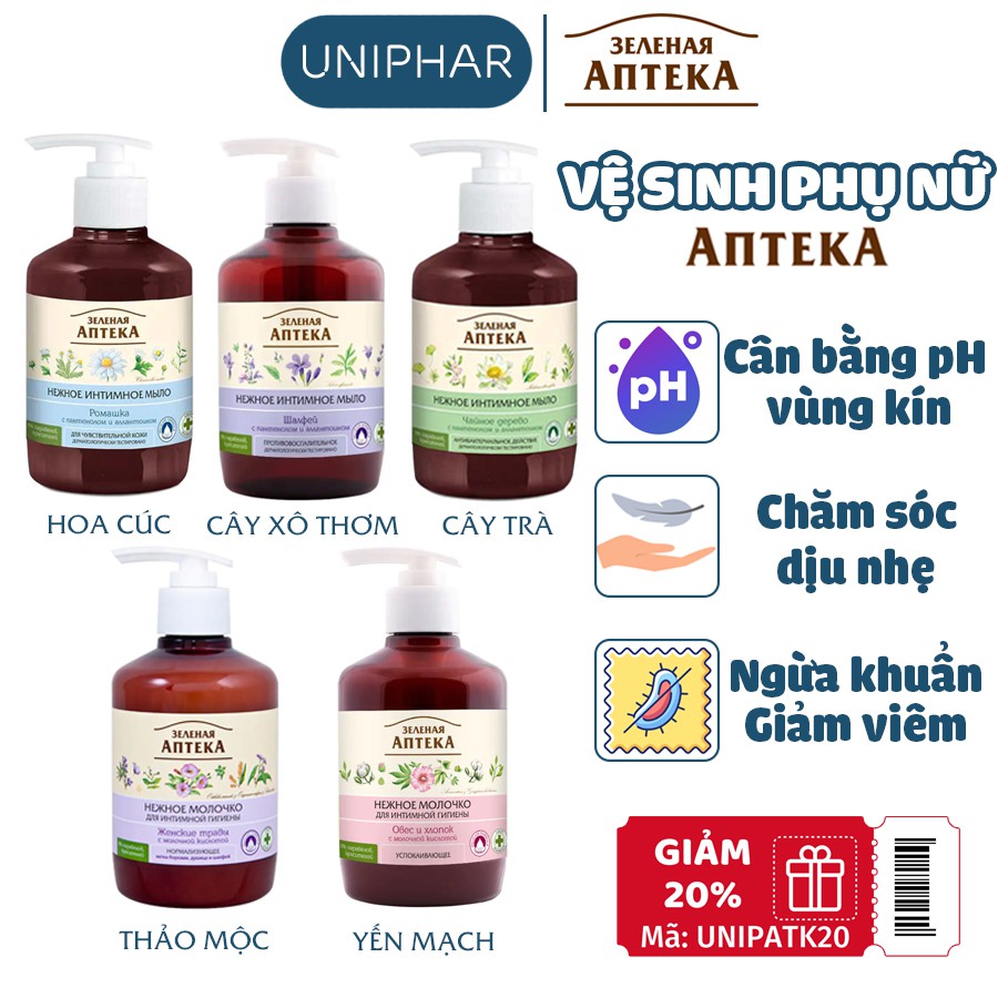 Dung dịch vệ sinh Zelenaya Apteka Gel - Vệ sinh vùng kín phụ nữ, cân bằng pH vùng kín dạng Gel Anteka 370ml (CÓ CHE TÊN)