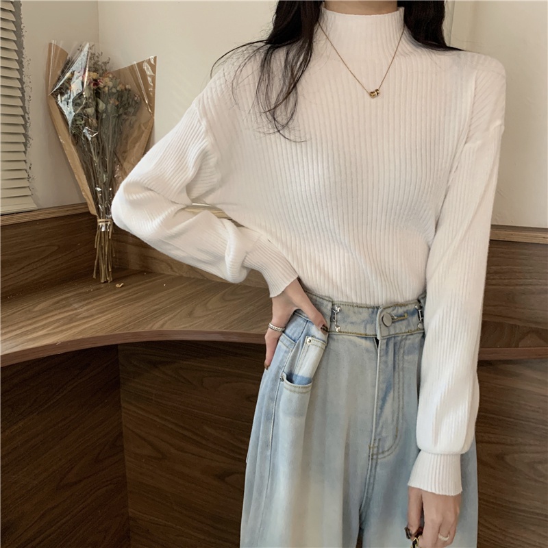 IELGY    Áo sweater Tay Dài Cổ Cao Màu Trơn Thời Trang Cho Nữ