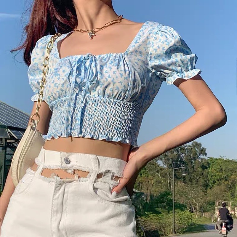 (Có Sẵn) Áo Croptop cổ vuông họa tiết butterfly thời trang mùa hè dành cho nữ Minipie