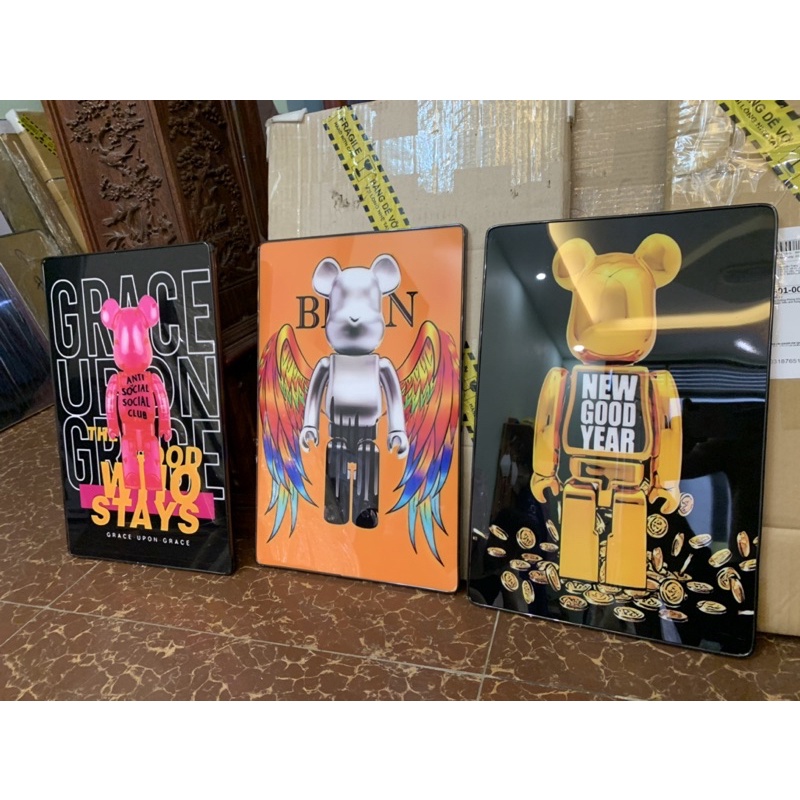 T54 Bộ 3 Tranh chú Gấu Kaws Toy Bearbrick Hoạt Hình Treo Tường Phòng Khách/ Ngủ Decor Game/ Shop Quần Áo/ Bàn Học Robot
