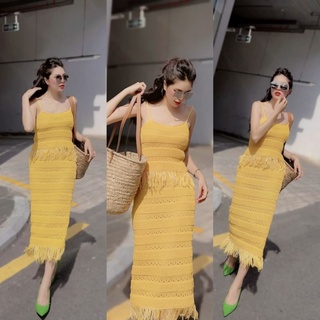 Set len hai dây ms.1562 áo hai dây dáng suông tua rua phối chân váy midi chất len móc hàng qc loại 1