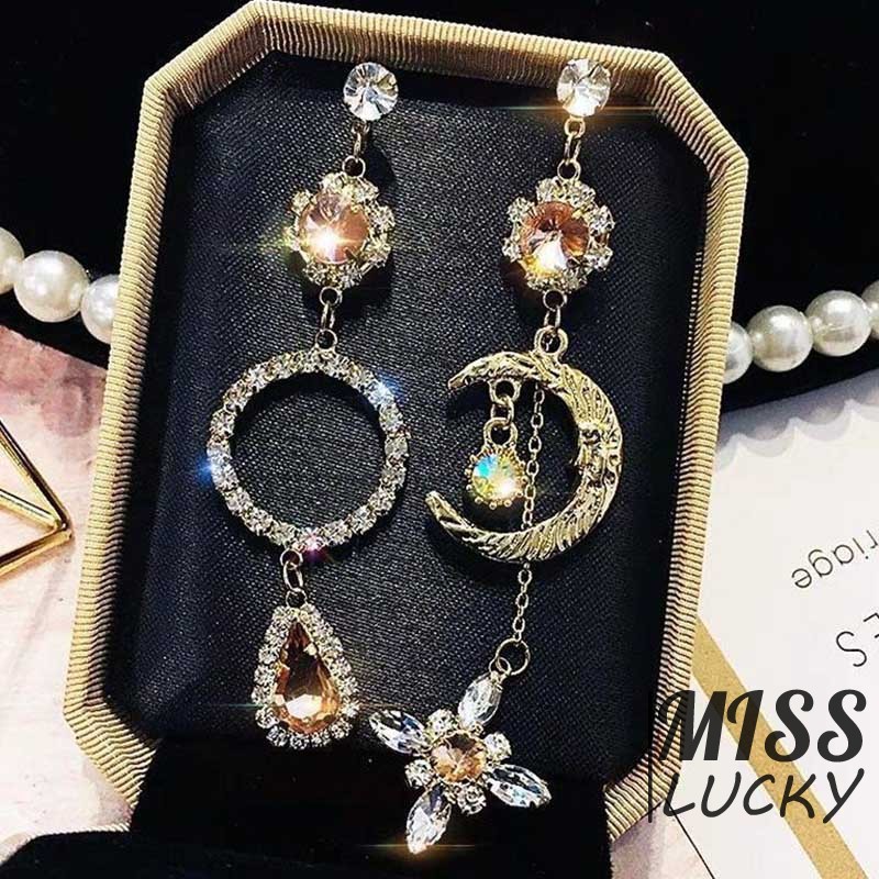 ❤HHN-VN  Asymmetric European and American-Style Fashion Moon Diamond Set Earrings Debutante Elegant