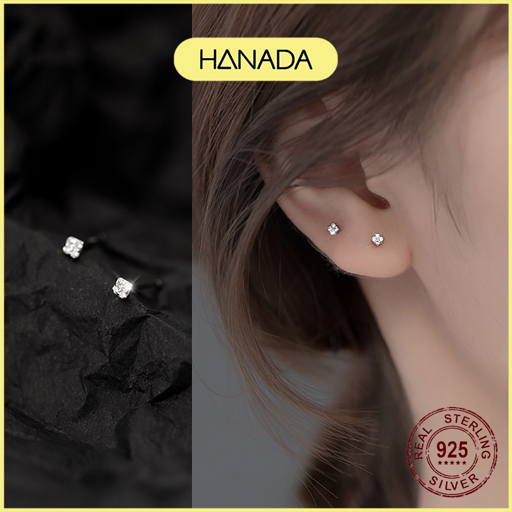 Bông Tai Bạc 925 Hanada N1234.E.2.B.140. 0353 Vuông Bốn Đá Nhỏ