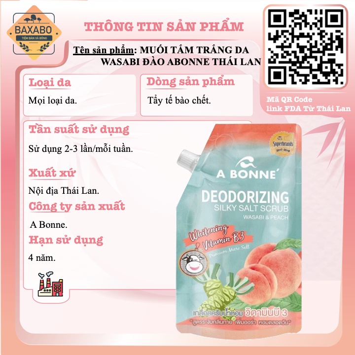 MUỐI TẮM TRẮNG DA A BONNE WHITENING SILKY SALT SCRUB - WASABI & ĐÀO 350GR CÓ VÒI - CHÍNH HÃNG C.A.C THÁI LAN