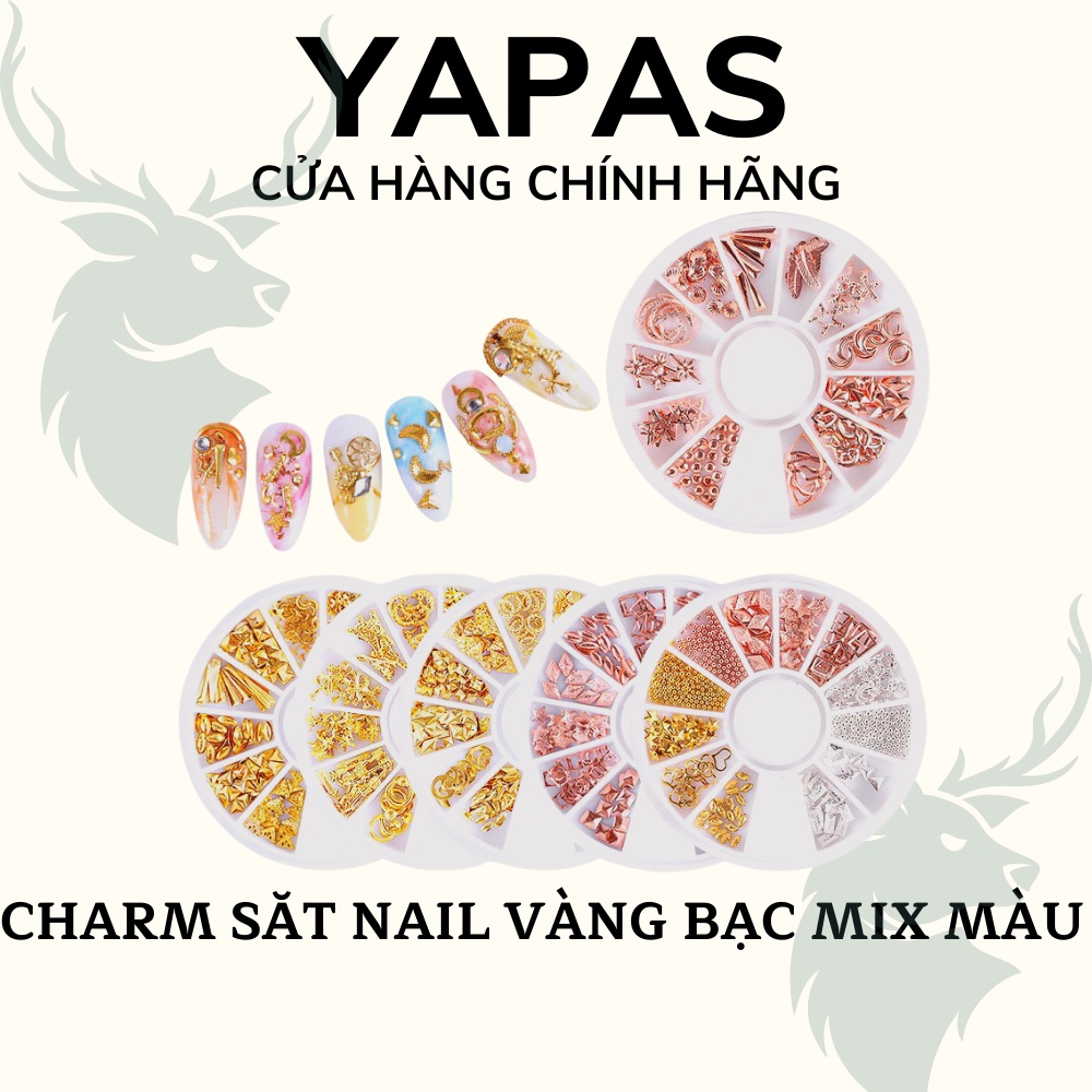 Charm nail phụ kiện sắt mix hình màu vàng bạc , bi nail xích móc bông lúa vỏ sò trang trí móng chuyên nghiệp