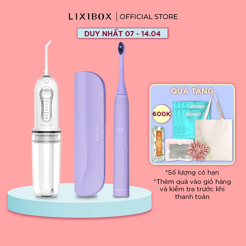 Combo Bàn Chải Điện Halio Whitening Toothbrush Tím &amp; Tăm nước Halio Water Flosser