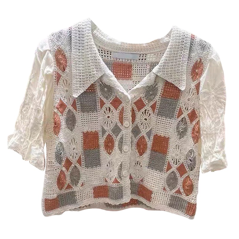 Áo Cardigan Dệt Kim Tay Ngắn Dáng Rộng Thêu Họa Tiết Hoa Đục Lỗ Thời Trang Cho Nữ