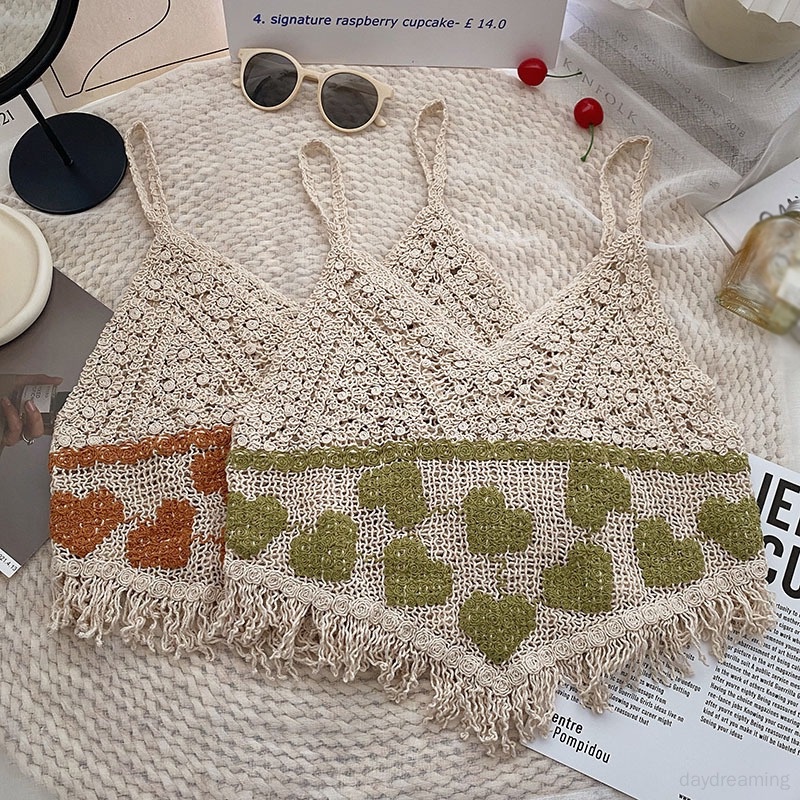 Áo Tank Top Cổ Chữ V Thêu Họa Tiết Trái Tim Phối Tua Rua Thời Trang Cho Nữ
