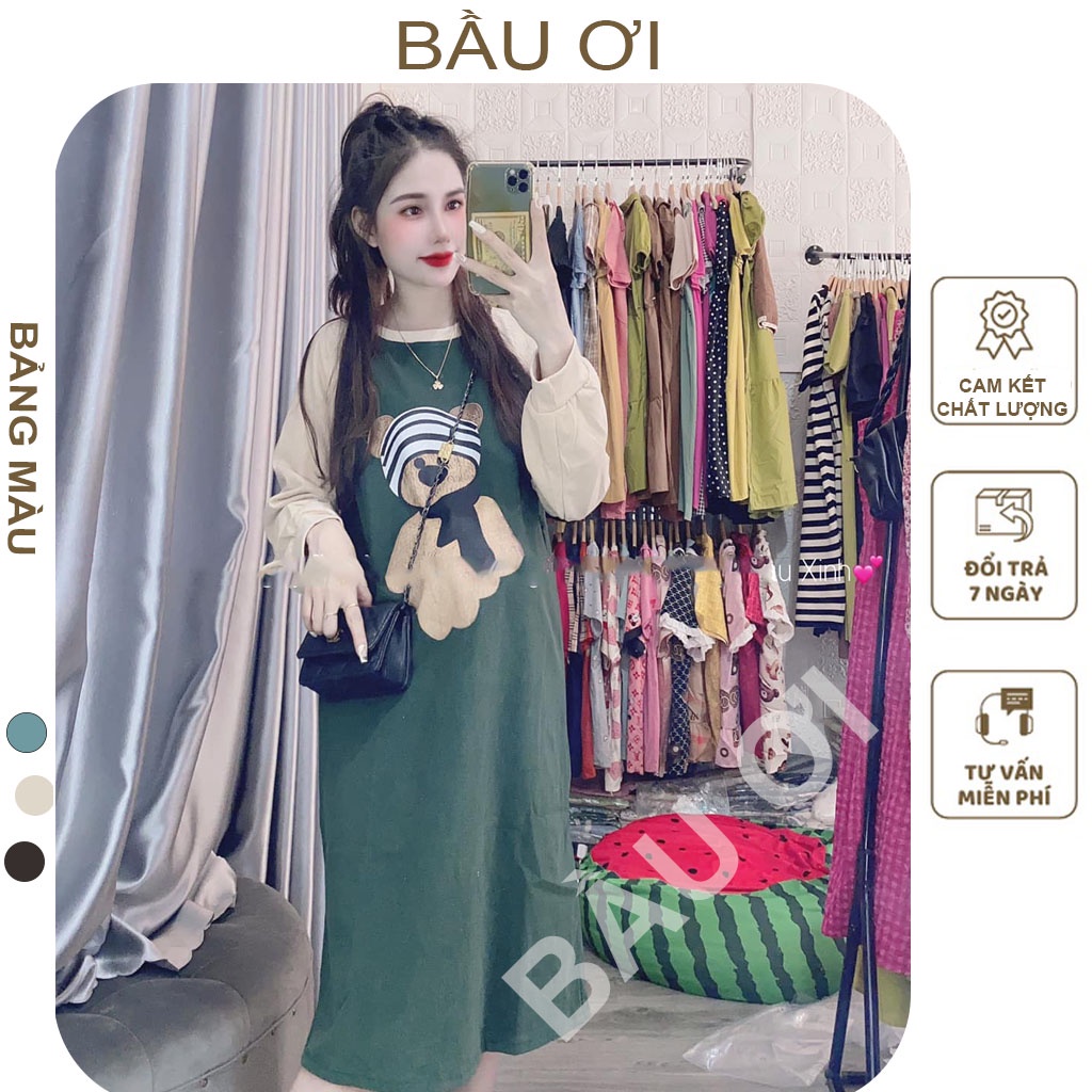 [BAUOII V108] ĐẦM BẦU NỈ DA CÁ DÁNG SUÔNG PHA MÀU CỰC XINH FROM RỘNG FREE SIZE - VÁY BẦU MÙA THU DÀI TAY HỌA TIẾT GẤU