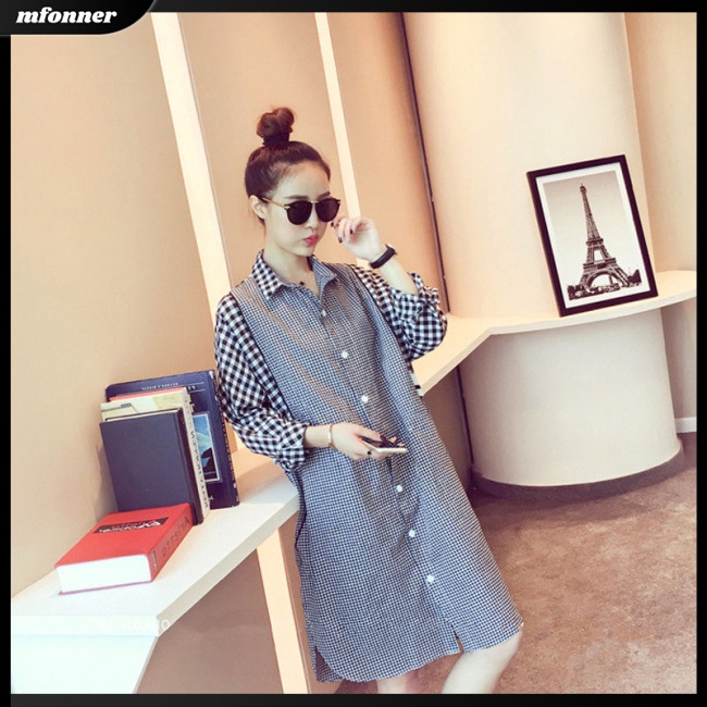 Đầm Sơ Mi Tay Dài Dáng Rộng In Họa Tiết Caro Thời Trang Mùa Xuân Cho Nữ