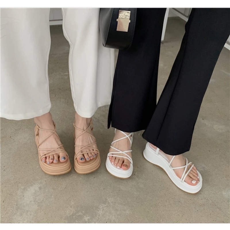 Giày Sandal da phối dây ngang và dây chéo đế 5cm