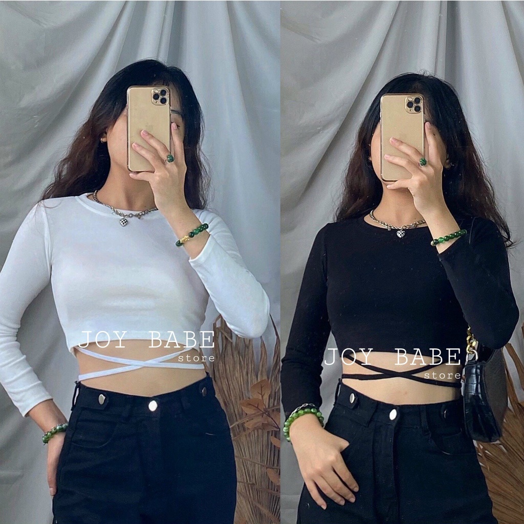 Áo thun croptop cột dây quanh eo JOY BABE 🖤 style sexy, mix đồ cực chất ✌ màu trắng đen trơn basic, tay dài CROD 41 SALE