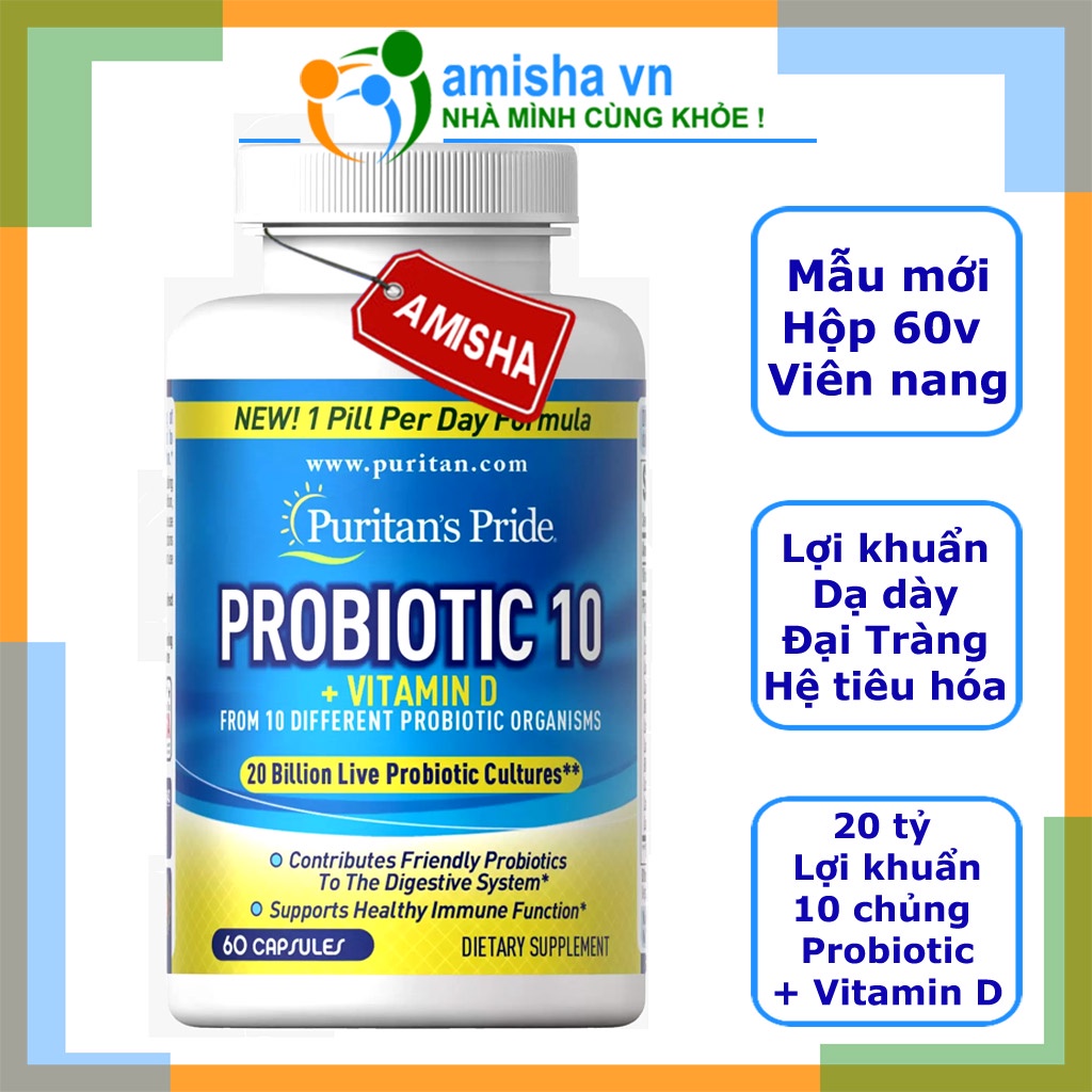 Viên Uống Lợi Khuẩn, Đại Tràng, Dạ Dày Probiotic 10 Puritan's Pride 60 viên (Mẫu Mới chứa Vitamin D)