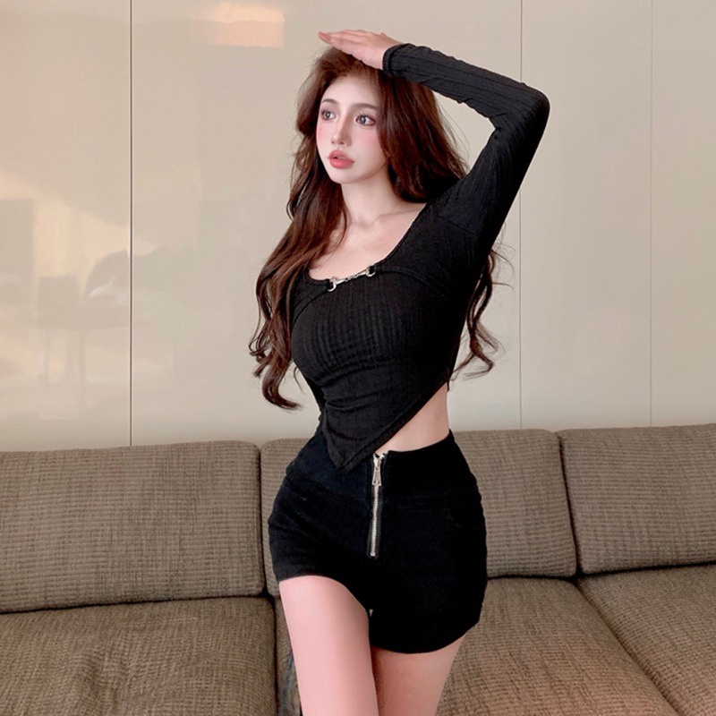 Áo Thun Tay Dài Giả Hai Lớp Màu Trơn Dáng Ôm Phong Cách Thời Trang Hàn Quốc Cho Nữ