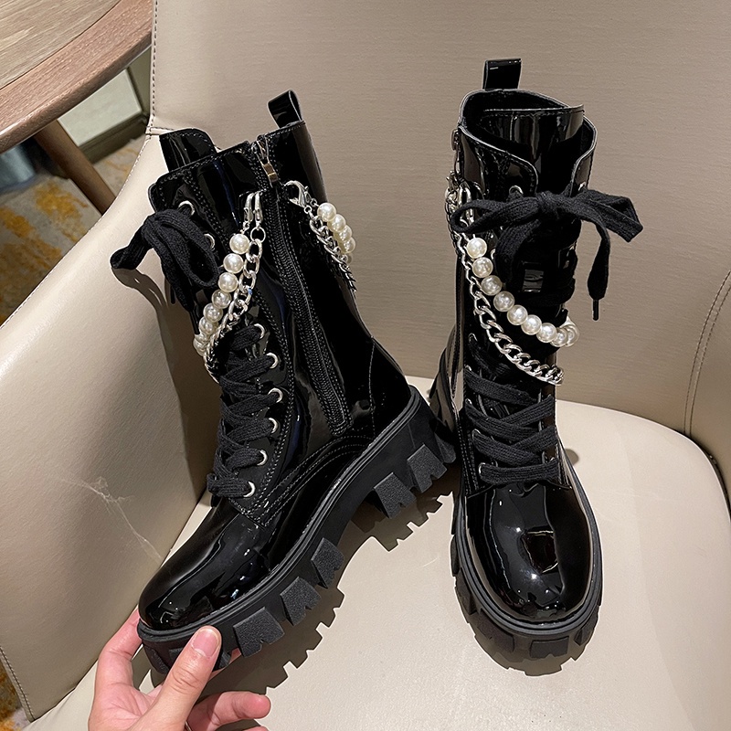 Giày bốt martin da bóng đế dày thắt dây đính ngọc trai giả có thể tháo rời thời trang dành cho nữ  | BigBuy360 - bigbuy360.vn