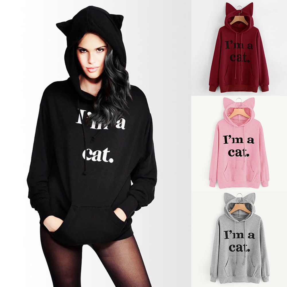 Áo Hoodie Chui Đầu Tai Mèo In Chữ Thời Trang Cho Nữ