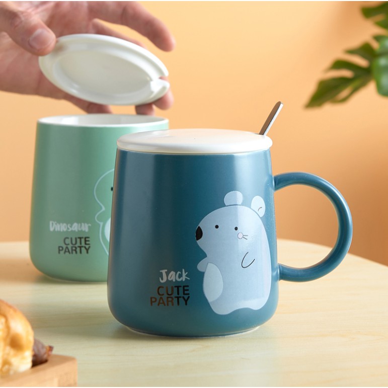 Ly sứ uống nước có nắp đậy 400ml dễ thương, cốc sứ có quai và thìa phù hợp làm quà tặng