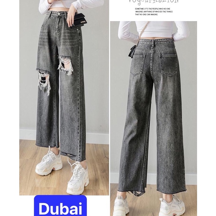QUẦN BAGGY JEAN NỮ CẠP RÁCH ỐNG SUÔNG RỘNG LOE LƯNG CAO NÂNG MÔNG CAO CẤP XÁM TRO CAO CẤP XỊN SÒ 102 - DUBAI FASHION