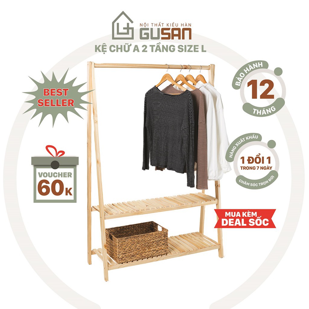 Giá treo quần áo chữ A 2 tầng bằng gỗ size L ngang 1m, có sơn NC, phong cách hàn quốc GUSAN