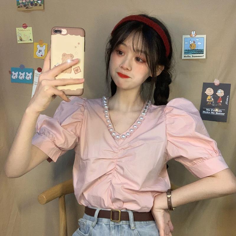 Áo sơ mi COZOKC tay ngắn cổ đính ngọc trai giả phong cách Hàn Quốc thời trang