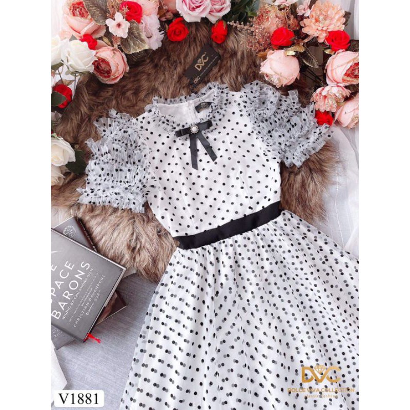 [VÁY ĐI TIỆC CAO CẤP] Váy xòe chấm bi trắng tay bồng | BigBuy360 - bigbuy360.vn