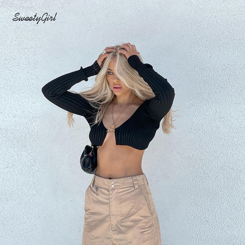 Áo Croptop Tay Dài Cổ Chữ V Màu Trơn In Chữ Phong Cách Đường Phố Quyến Rũ Dành Cho Nữ