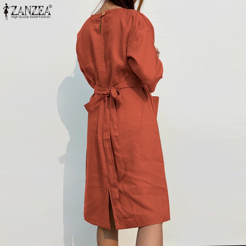 Đầm ZANZEA dáng rộng tay lỡ eo cao phối dây buộc và túi bên hông thời trang cho nữ