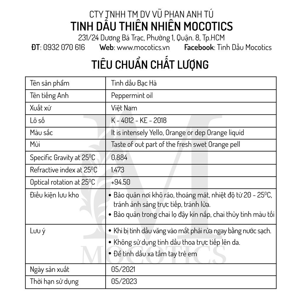 Tinh dầu thiên nhiên xông phòng, đuổi muỗi Mocotics: combo 3 loại sả chanh + bạc hà + cam ngọt dung tích 10ml